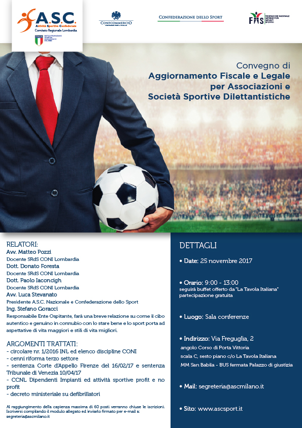 Convegno di aggiornamento fiscale e legale per Associazioni e Societ   Sportive Dilettantistiche ASC Lombardia