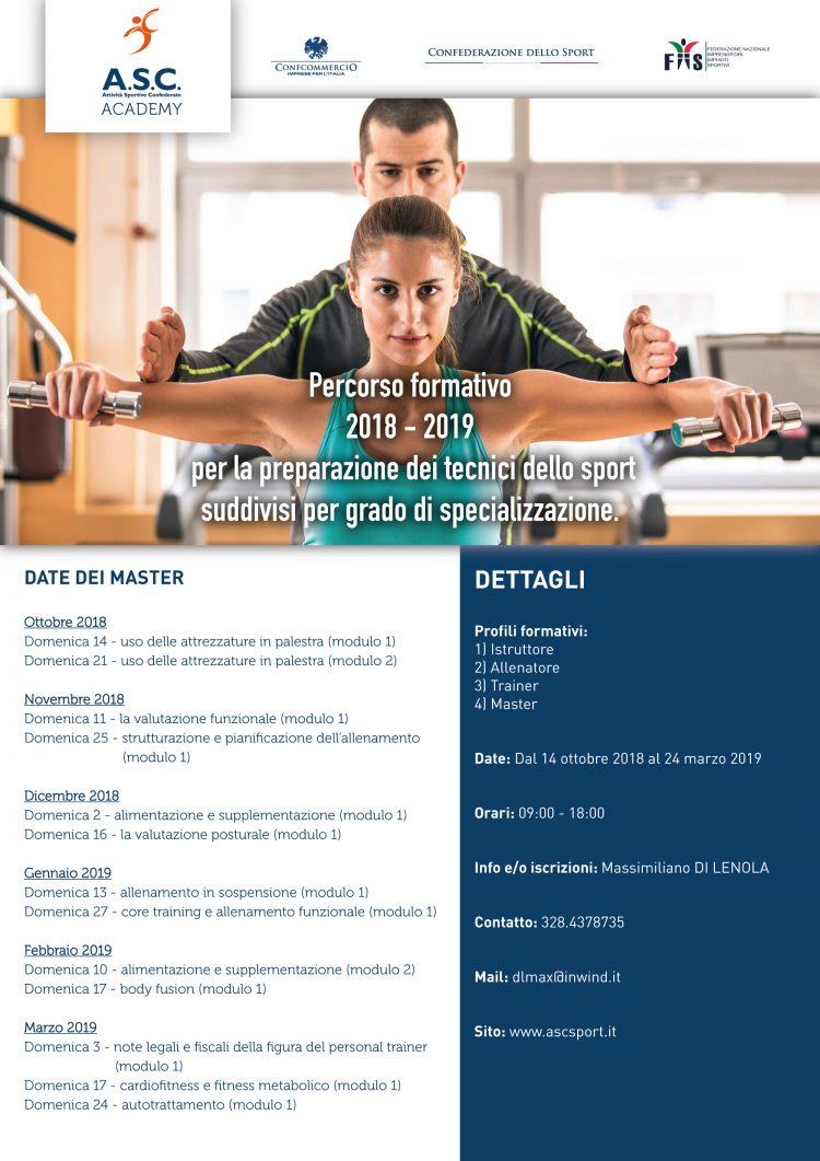 Percorso formativo 2018 - 2019 per la preparazione dei tecnici dello sport suddivisi per grado di specializzazione ASC ACADEMY