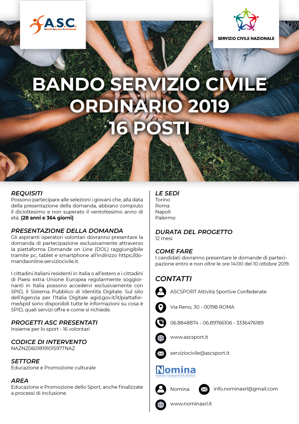 BANDO SERVIZIO CIVILE ORDINARIO 2019 - 16 POSTI