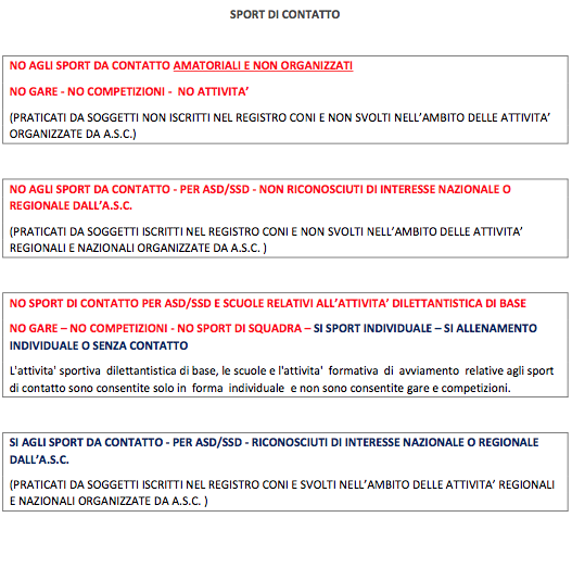 DPCM 18 ottobre 2020 ANCHE LO SPORT DILETTANTISTICO SI FERMA FINO AL 13 NOVEMBRE 2020