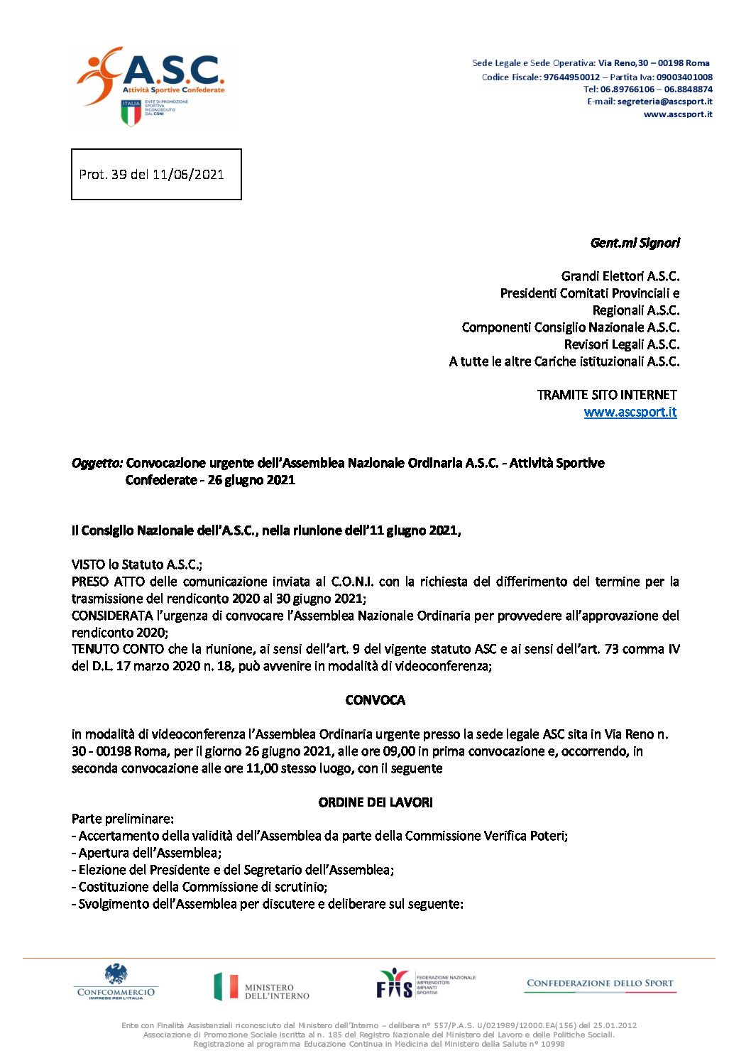 PROT. 39 – Convocazione urgente dell’Assemblea A.S.C. – 26 giugno 2021