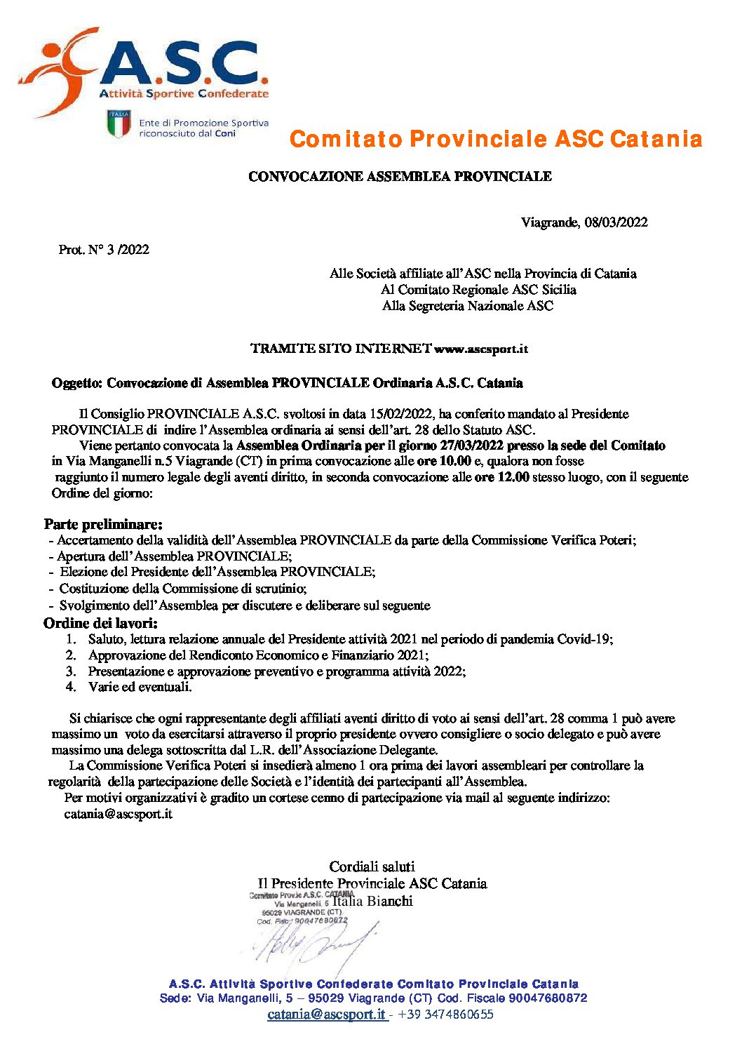 Convocazione Assemblea ASC Catania, 27 Marzo 2022