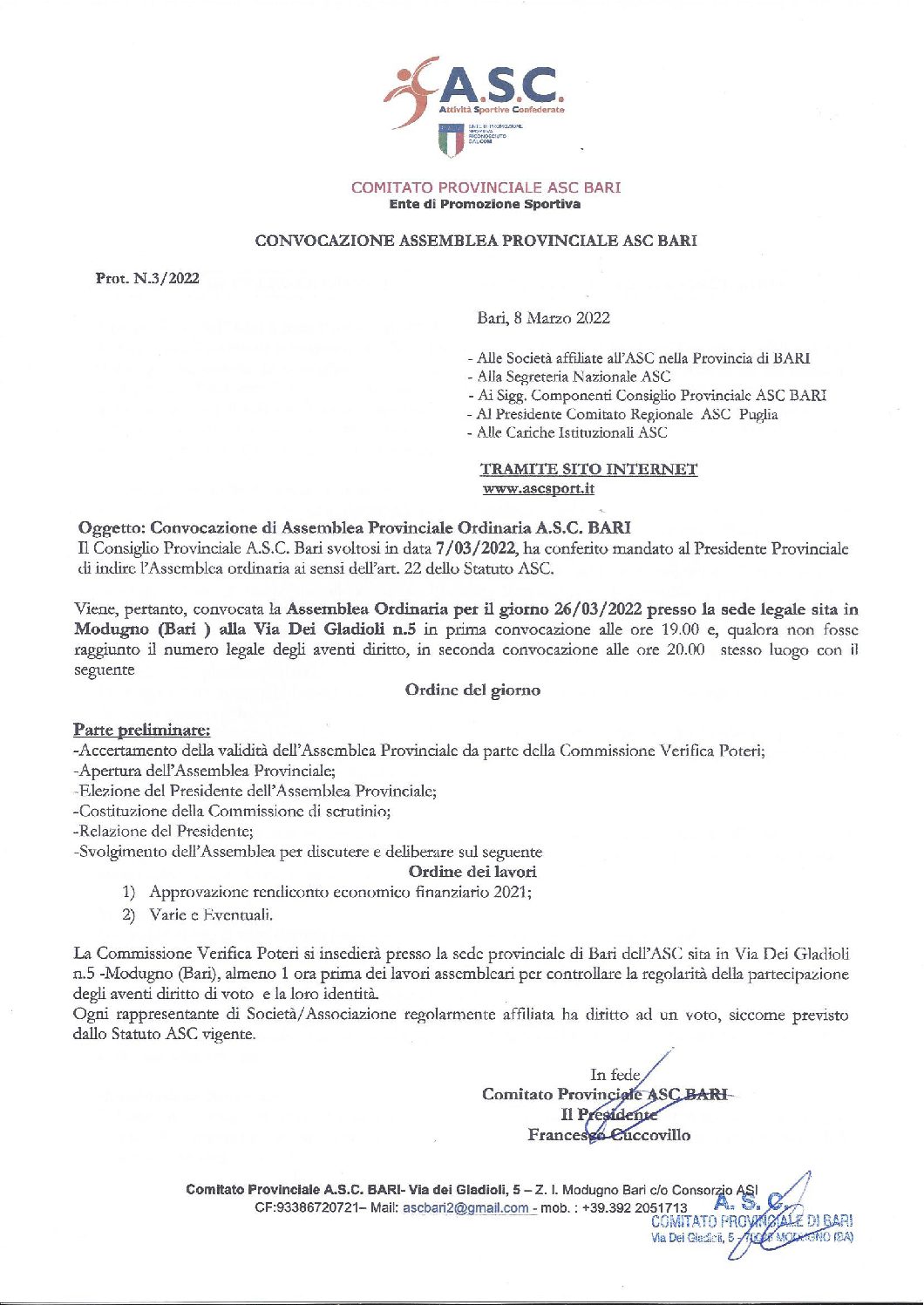 Convocazione Assemblea Provinciale Ordinaria ASC Bari 2022