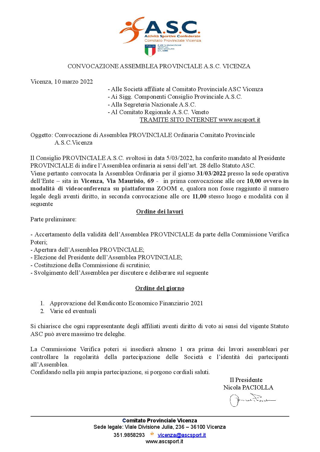 convocazione assemblea provinciale Vicenza marzo 2022