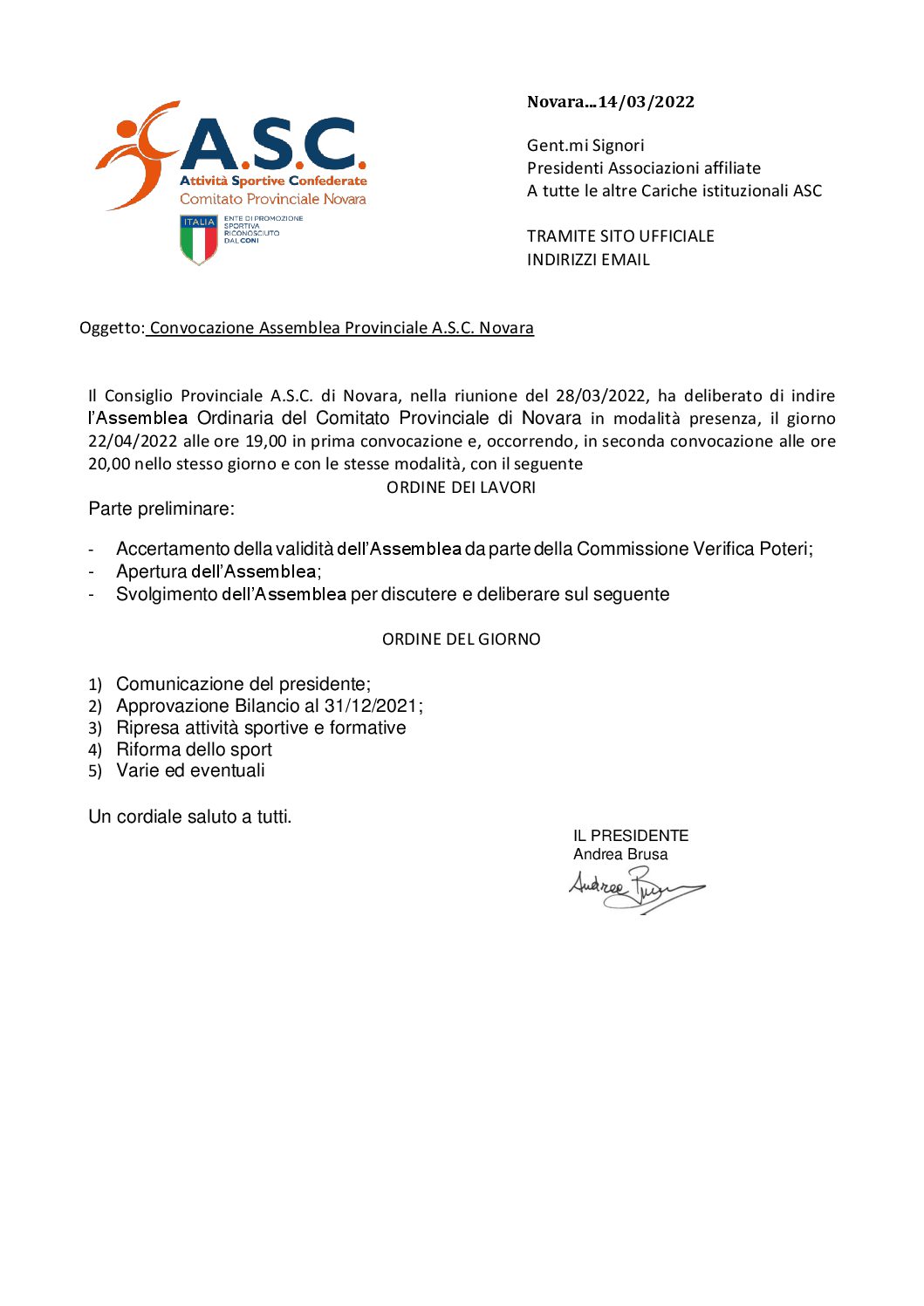 2 .Convocazione Assemblea annuale 2021 Comitato Provinciale Novara