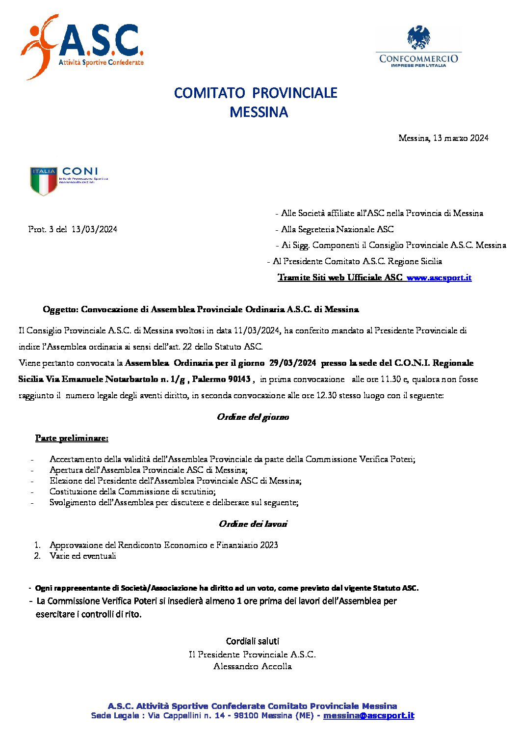 Prot 03 Convocazione ASSEMBLEA Provinciale ASC Messina